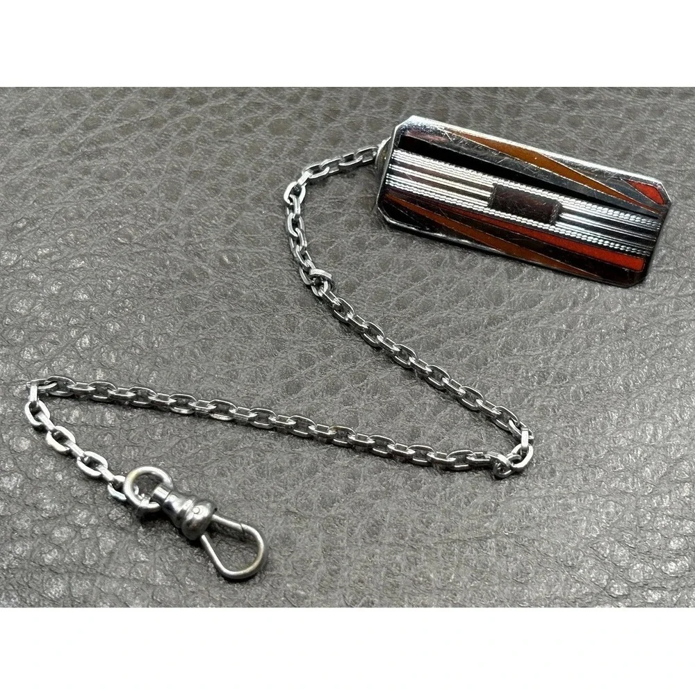 Vintage Art Deco Red Black Enamel Belt Watch Chain Dog Clip Silver Tone